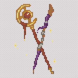 Puede incluir: Dise&ntilde;o de punto de cruz de un bast&oacute;n de fantas&iacute;a. El bast&oacute;n presenta una parte superior dorada con una gema roja, un eje marr&oacute;n y morado y una punta marr&oacute;n. Peque&ntilde;os acentos de estrellas amarillas est&aacute;n dispersos alrededor del bast&oacute;n.
