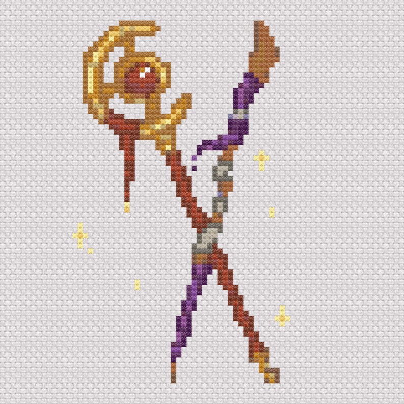 Puede incluir: Dise&ntilde;o de punto de cruz de un bast&oacute;n de fantas&iacute;a. El bast&oacute;n presenta una parte superior dorada con una gema roja, un eje marr&oacute;n y morado y una punta marr&oacute;n. Peque&ntilde;os acentos de estrellas amarillas est&aacute;n dispersos alrededor del bast&oacute;n.