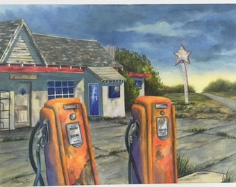 Last Gas in Texas Original Framed Watercolor