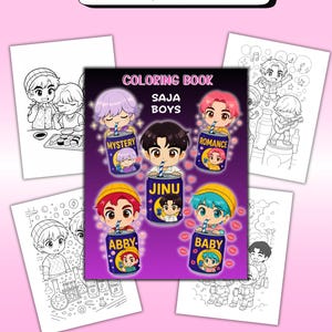 May include: A collection of coloring pages featuring the text "SAJA BOYS COLORING PAGES". The pages include illustrations of cartoon characters in various scenes, with a central coloring book design. The coloring book has the text "COLORING BOOK SAJA BOYS".