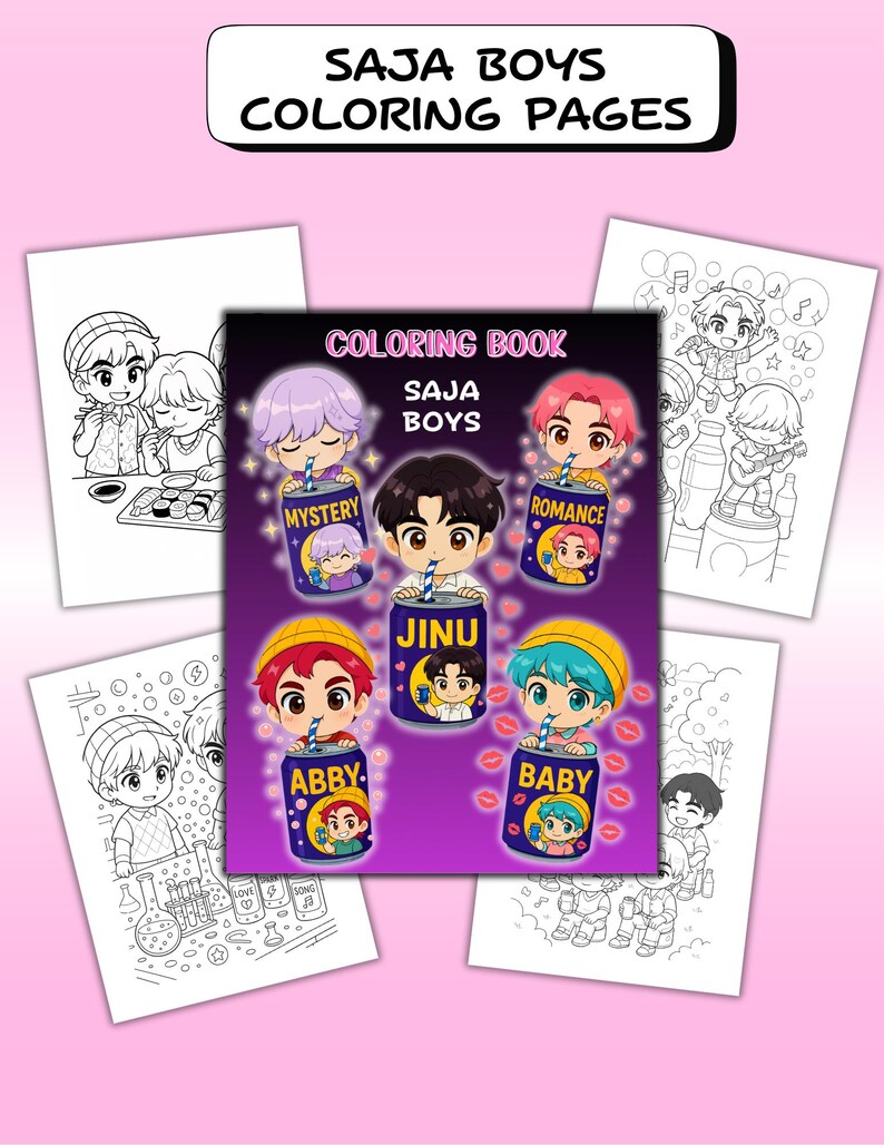 May include: A collection of coloring pages featuring the text "SAJA BOYS COLORING PAGES". The pages include illustrations of cartoon characters in various scenes, with a central coloring book design. The coloring book has the text "COLORING BOOK SAJA BOYS".