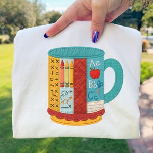 Teacher Mug PNG Patchwork Applique Colorful Classroom Cup Quilt Style Teacher Sublimation Design