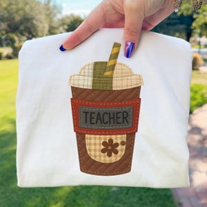 Teacher PNG Patchwork Applique Neutral Coffee Cup Quilt Style Teacher Sublimation Design