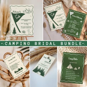 Plantilla de Canva para despedida de soltera en camping: paquete editable e imprimible para viajes de novia, fines de semana de glamping, decoración para fiestas en el bosque y celebraciones al aire libre.