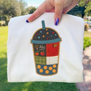 Teacher Boba PNG Patchwork Applique Classroom Bubble Tea Cup Quilt Style Teacher Sublimation Design