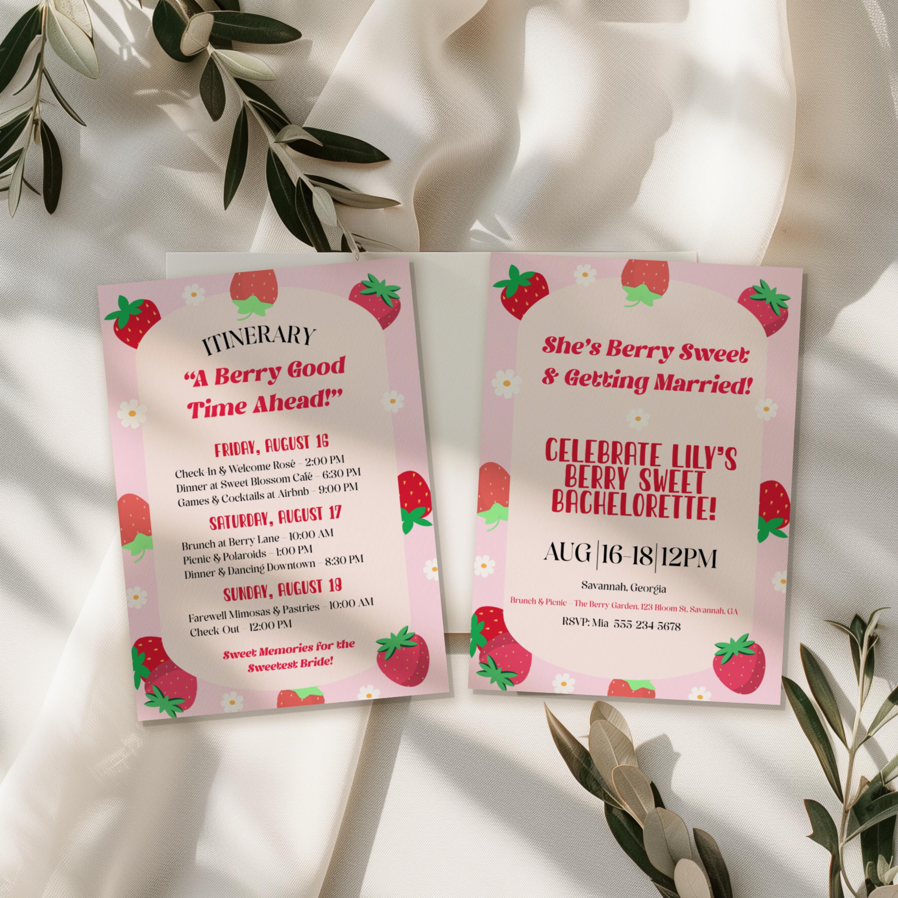 Strawberry Bachelorette Invitation \u0026 Itinerary: Berry Sweet Girls Trip  (Canva Editable Digital File), image size:3000x3000