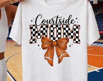 Courtside Mom PNG, Basketball Bow Design, Checkered Game Day Tee, DTF Sublimation Printable