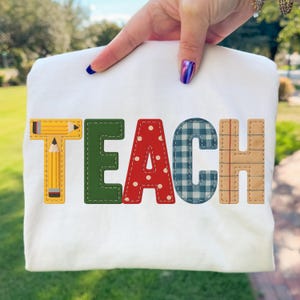 Teach Patchwork PNG Pencil Letter Retro Teacher Classroom Back to School Sublimation Design