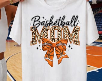 Basketball Mom PNG, Leopard Varsity Design, Orange Sports Bow Tee, DTF Sublimation Printable