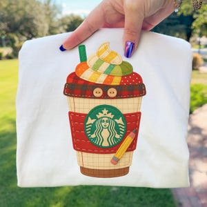 Teacher Coffee Cup PNG Patchwork Applique Fall Quilt Style Teacher Sublimation Design
