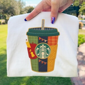 Teacher Coffee Cup PNG Patchwork Applique Fall Quilt Style Teacher Sublimation Design