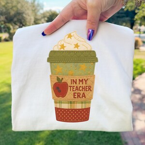 Teacher Era PNG Patchwork Applique Fall Stars Coffee Cup Teacher Sublimation Design