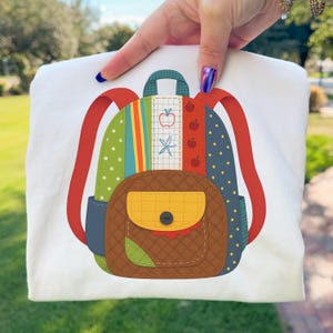 School Backpack PNG Patchwork Applique Back to School Classroom Sublimation Design