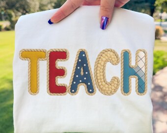 Nauczanie Patchwork PNG Retro Rope Applique Teacher Sublimation Design