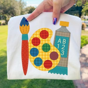 Kunstleraar palet patchwork png-penseel verfbuis retro klaslokaal sublimatieontwerp