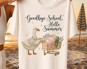 Goodbye School Hello Summer Goose PNG, Teacher Vacation Sublimation Design (DTF DTG Printable)