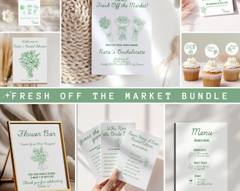 Botanical Bridal Shower Bundle: Green Plaid Games, Flower Bar Decor (Canva Template Digital Download