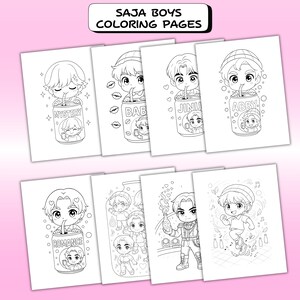 May include: A collection of coloring pages featuring cartoon illustrations of boys. Each page has a different design, including boys drinking from soda cans with names like "Mystery" and "Romance". The text "SAJA BOYS COLORING PAGES" is at the top.