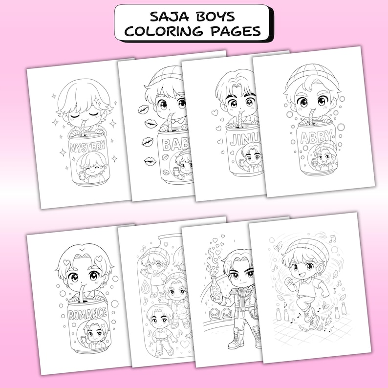 May include: A collection of coloring pages featuring cartoon illustrations of boys. Each page has a different design, including boys drinking from soda cans with names like "Mystery" and "Romance". The text "SAJA BOYS COLORING PAGES" is at the top.