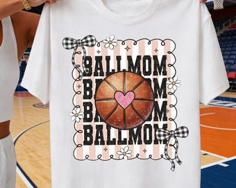Ball Mom PNG, Basketball Heart Design, Coquette Checkered Bow Tee, DTF Sublimation Printable