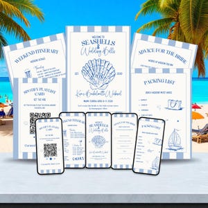 Puede incluir: Un conjunto de artículos de papelería para despedida de soltera en azul y blanco. El conjunto incluye un letrero de bienvenida, un itinerario, una lista de empaque, una tarjeta de consejos y una tarjeta de lista de reproducción de Spotify. El diseño presenta una ilustración de concha.