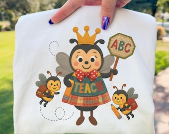 Enseignant Abeille Patchwork PNG Retro Back to School Sublimation Design