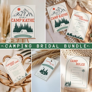 Despedida de soltera en camping rústico imprimible: paquete editable en Canva para escapada de fin de semana, carteles para fiestas en el bosque, juegos e itinerario nupcial al aire libre.