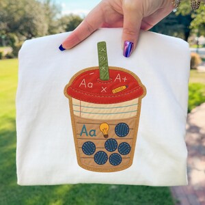 Teacher Boba PNG Patchwork Applique Bubble Tea Cup Teacher Sublimation Back to School Design