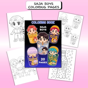 Op de afbeelding: Kleurplaten met de tekst "SAJA BOYS COLORING PAGES" en "COLORING BOOK SAJA BOYS". De pagina's tonen illustraties van stripfiguren en bubble tea bekers, met de tekst "ROMANCE", "ABBY", "JINU", "MYSTERY" en "BABY".
