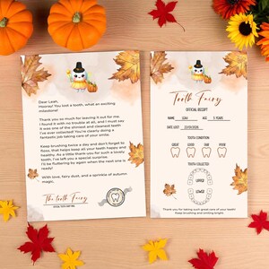 Peut inclure: Deux cartes avec des illustrations et du texte sur le thème de l'automne. L'une est une lettre de la Fée des dents, l'autre un reçu de dent. Les cartes présentent des feuilles d'automne, des citrouilles et une illustration de fée.
