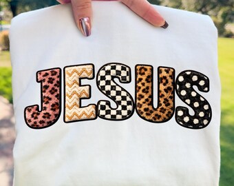 Jesus Faux Embroidery PNG : Textured Patchwork Letter Design (Digital Download)