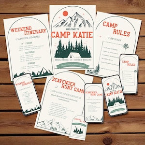 Camping Bachelorette Invitation Set: Editable Glamping Weekend Itinerary (Canva Download)