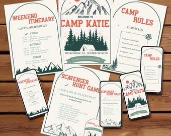 Camping Bachelorette Invitation Set: Editable Glamping Weekend Itinerary (Canva Download)
