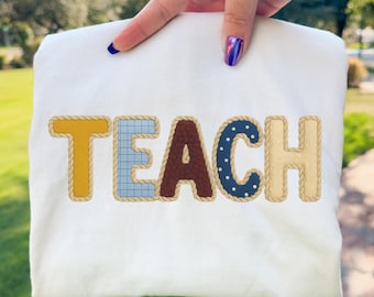 Nauczanie Patchwork PNG Retro Rope Applique Teacher Sublimation Design