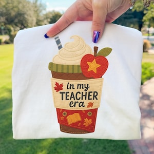 Teacher Era PNG Patchwork Fall Coffee Cup Applique Teacher Sublimation Back to School Design
