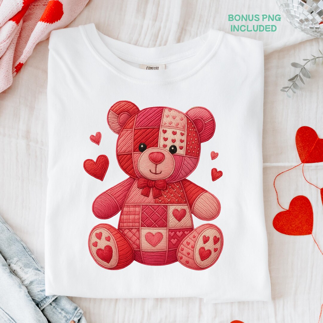 Valentine Patchwork Teddy Bear PNG, Plush Heart Design (transparent ...