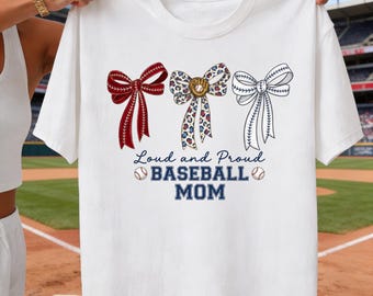 Loud Proud Baseball Mom PNG, Patriotic Bow Trio Design (Sublimation Printable)