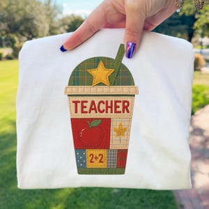 Teacher PNG Patchwork Applique Coffee Cup Quilt Style Teacher Sublimation Back to School Design