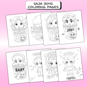 Op de afbeelding: Een verzameling zwart-wit kleurplaten met cartoon illustraties van jongens. Elke pagina heeft een ander ontwerp, waaronder jongens in ramenbekers en andere schattige personages. De tekst "SAJA BOYS COLORING PAGES" staat bovenaan.
