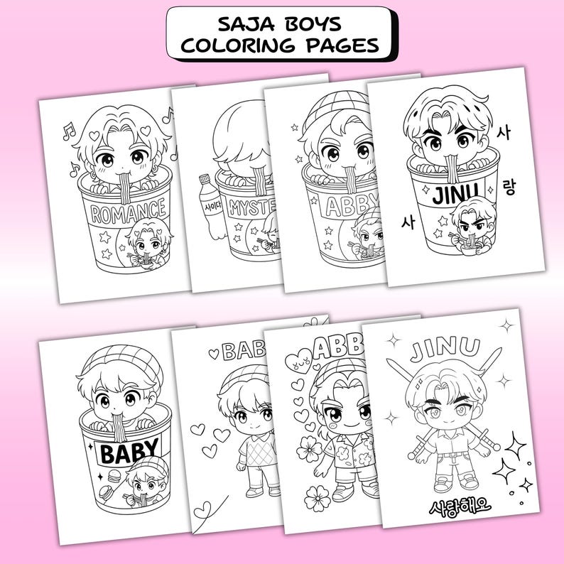 Op de afbeelding: Een verzameling zwart-wit kleurplaten met cartoon illustraties van jongens. Elke pagina heeft een ander ontwerp, waaronder jongens in ramenbekers en andere schattige personages. De tekst "SAJA BOYS COLORING PAGES" staat bovenaan.