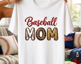 Baseball Mom PNG, Sports Mama Sublimation Design, Leopard Glitter Shirt, DTF DTG Printable