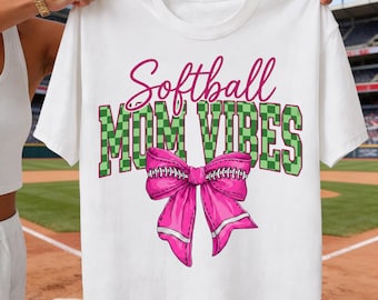Softball Mom Vibes PNG, Green Checkered Bow, Game Day Sublimation Design