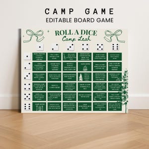 May include: A printable camp game board with the text "Camp Game" and "Roll a Dice Camp Leah." The board features dice and instructions for various camp activities, such as telling stories and singing songs. The background is a light green colour.