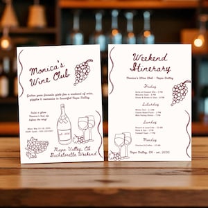 May include: Two cream-colored cards with burgundy text and illustrations. The left card says "Monica's Wine Club" and includes a wine bottle and glasses. The right card is a weekend itinerary for a bachelorette party in Napa Valley.