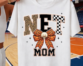 Net Mom PNG, Basketball Bow Design, Leopard Checkered Game Day Tee, DTF Sublimation Printable