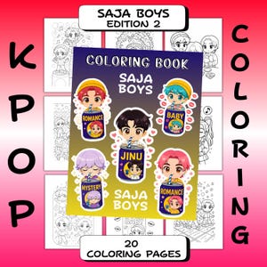 May include: A coloring book titled "SAJA BOYS EDITION 2" with the text "COLORING BOOK SAJA BOYS" on the cover. The cover features cartoon illustrations of boys in drink cans. The book contains 20 coloring pages. The background is pink.