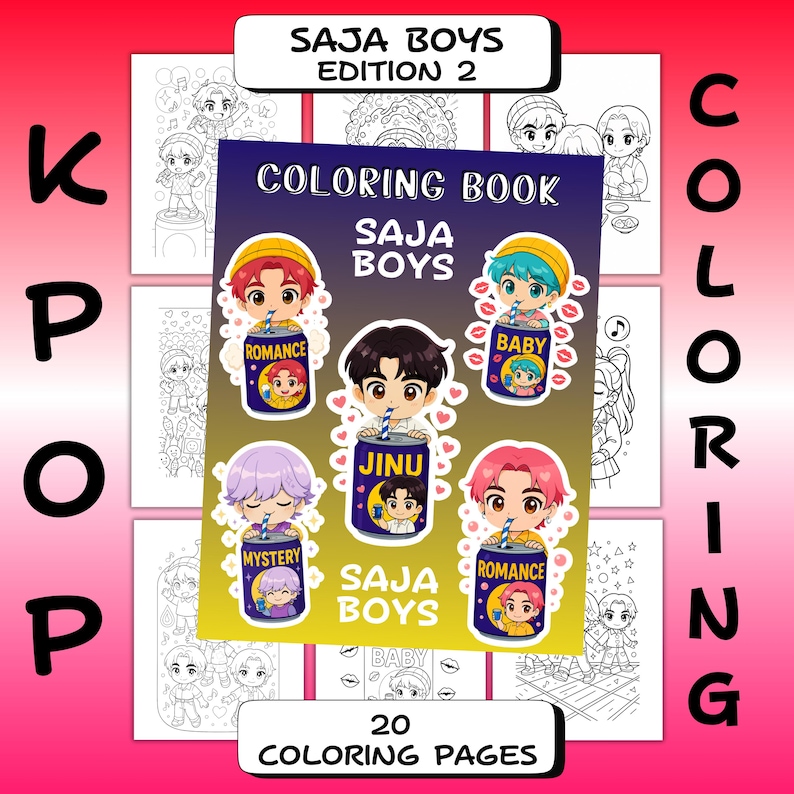 May include: A coloring book titled "SAJA BOYS EDITION 2" with the text "COLORING BOOK SAJA BOYS" on the cover. The cover features cartoon illustrations of boys in drink cans. The book contains 20 coloring pages. The background is pink.