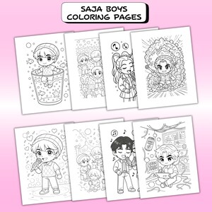 May include: A collection of coloring pages featuring cartoon illustrations of boys. The pages are black and white, with various scenes including boys singing, in a glass, and with musical notes. The text "SAJA BOYS COLORING PAGES" is at the top.