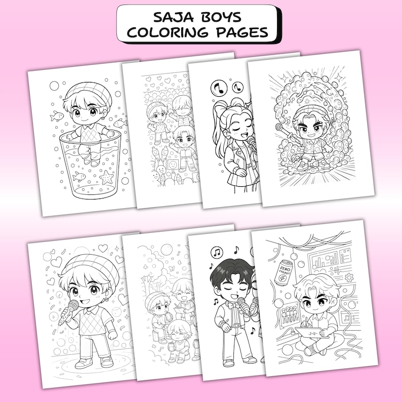 May include: A collection of coloring pages featuring cartoon illustrations of boys. The pages are black and white, with various scenes including boys singing, in a glass, and with musical notes. The text "SAJA BOYS COLORING PAGES" is at the top.