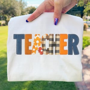 Teacher PNG Patchwork Applique Retro Letter Design for Back to School Sublimation
